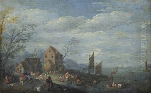 A View Of A Village With Numerous Figures On The Riverbank - view 1