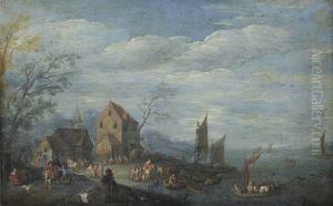 A View Of A Village With Numerous Figures On The Riverbank by Joseph van Bredael