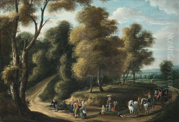 Wooded Landscape With Figures Resting And Chatting, A Cart Drawn By Three Horses Coming Round The Bend In The Road - view 1