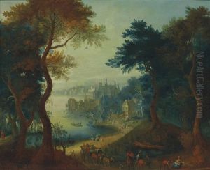 A River Landscape With Travellers, A Wagon And Horsemen On A Path, A Town With A Castle Beyond