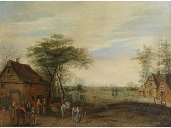 A Village Scene With Figures Preparing Wagons And Horses - view 1