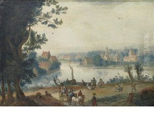 Figures And A Horse And Cart On The Banks Of A River, A Village Beyond by Joseph van Bredael