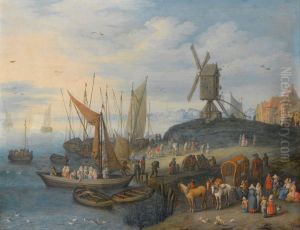 A River Landscape With Figures Both On A Ferry And Waiting On The Shore Beneath A Windmill by Joseph van Bredael