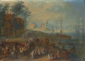 Paysage Avec Une Riviere Et Des Passants Sur La Berge by Joseph van Bredael