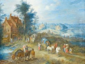 Paysage De Riviere Avec Une Halte Devant Une Auberge