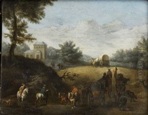 Travellers On A Country Path, A River Landscape Beyond; And Travellers On A Country Path, Crossing A Brook (2 Works) by Joseph van Bredael