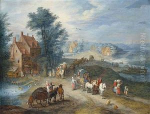 Une Rue De Village Avec Des Voyageurs by Joseph van Bredael