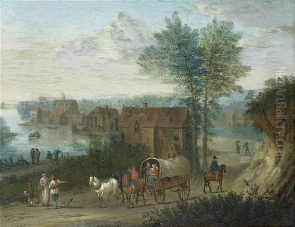 Figures And Carts On A Country Path, In A River Landscape - view 1