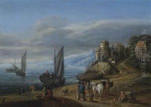 A Coastal Landscape With Figures Conversing By A Shore