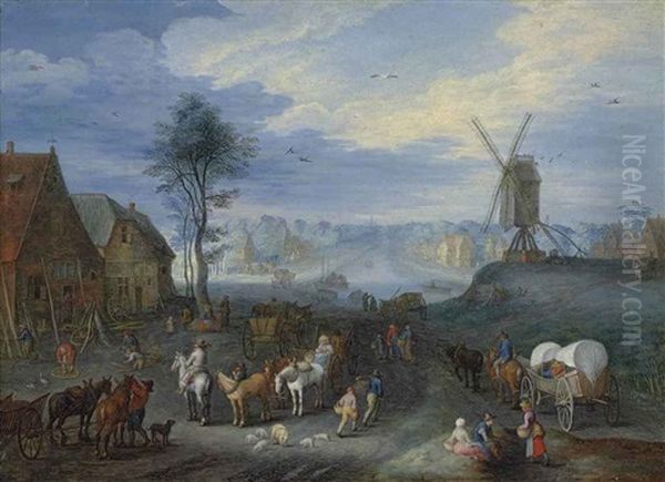 A Village With A Windmill, Figures With Horsedrawn Carts In The Foreground, A Canal And A Church Beyond - view 1