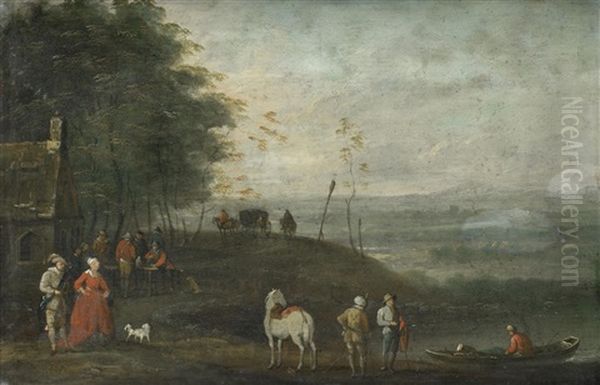 Travelers On A Country Path, With A Barge Approaching A Shore, Before An Extensive Landscape - view 1