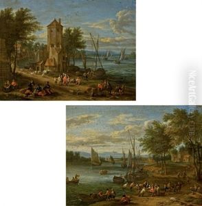 Pecheurs Au Bord D'une Riviere (+ Personnages Orientaux Devant Une Tour Au Bord D'un Fleuve, Various Sizes; Pair)