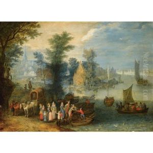An Extensive River Landscape With Boats By A Village And Travellers On The River Bank by Joseph van Bredael