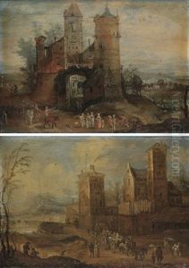 Travellers Arriving At A Fortress, An Extensive Mountainous Landscape Beyond (+ Travellers Passing A Town; Pair) by Joseph van Bredael