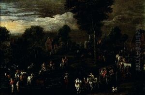 Vue D'un Village Flamande Pres D'une Riviere, Animee De Paysans Et De Carrioles by Joseph van Bredael