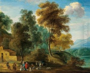 Bewaldete Flusslandschaft Mit Figuren Vor Einer Kapelle by Joseph van Bredael