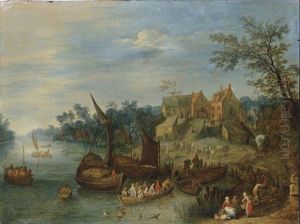 A River Landscape With Boats By A Village And Figures On The River Bank A River Landscape With Boats By A Village And Figures On The River Bank