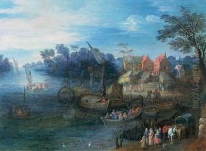 A River Landscape With Travellers And Figures In Boats, A Village Beyond by Joseph van Bredael