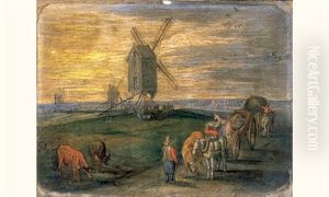 Chariots Et Paysans Devant Des Moulins by Joseph van Bredael