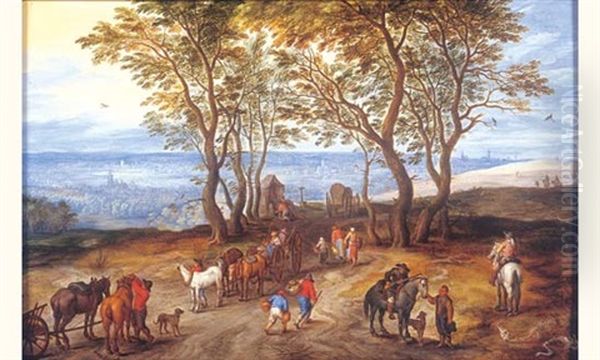 Carrioles Et Cavalier Dans Un Paysage Vallonne - view 1