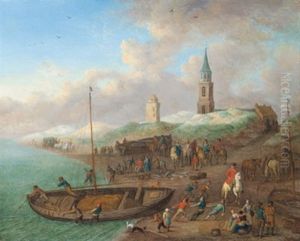 Kustenlandschaft Mit Blick Auf Den Kirchturm Von Scheveningen (?) Und Fischern, Die Ein Boot An Land Ziehen Und Reitern