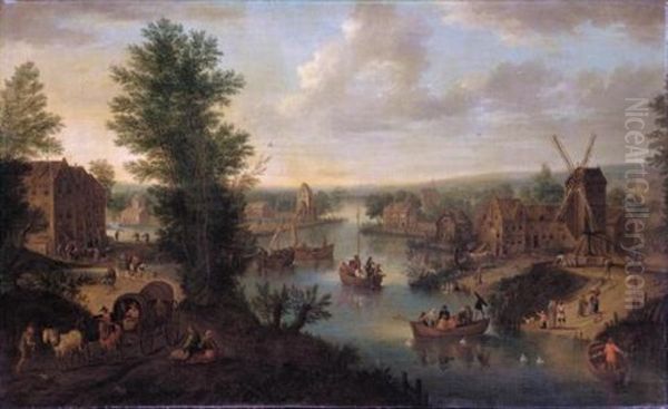 A River Landscape With Village Buildings Including A Windmill On The Right Bank, Numerous Figures And Ferries And Other Boats - view 1