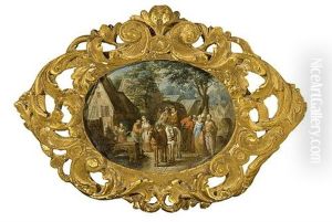 A Village Scene With Travellers In A Horse-drawn Wagon, Together With An Elegant Couple And A Servant Pouring Tea