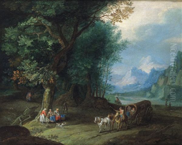 Gebirgige Flusslandschaft Mit Reisenden - view 1