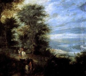 Paysans Dans Un Sous Bois Dominant Une Vallee by Joseph van Bredael
