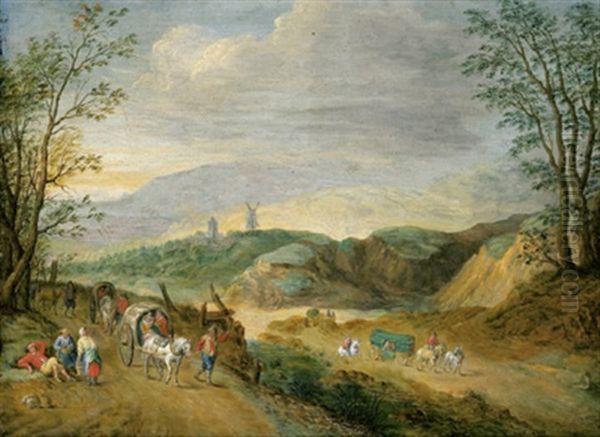 Gebirgige Flusslandschaft Mit Reisenden - view 1