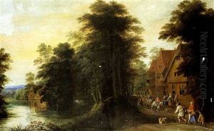 Paysans A L'entree D'un Village En Bordure De Riviere by Joseph van Bredael