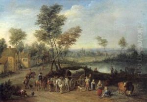 Flamisches Dorf An Einem Fluss Mit Rastenden Reisenden Und Einem Mit Zwei Schimmeln Bespannten Planwagen