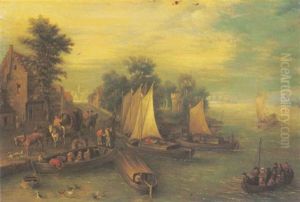 A River Landscape With Barges And A Ferry, A Wagon And Figures On A Bank
