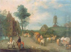 A Village Landscape With Riders In The Foreground, A Coach On A Road, Horses And Carts By A Roadside, A Windmill On A Hill Beyond