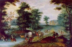 Waldlandschaft Mit Reisenden In Einem Planwagen Und Marktfahrer