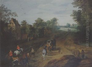 Paysage Boise Avec Village Anime De Villageois Et Troupeau by Joseph van Bredael