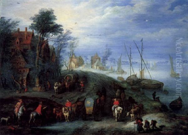 A River Landscape With Carts, A Carriage, Horsemen, And Travellers On A Path By A Village, With Fishing Boats On The River Nearby - view 1