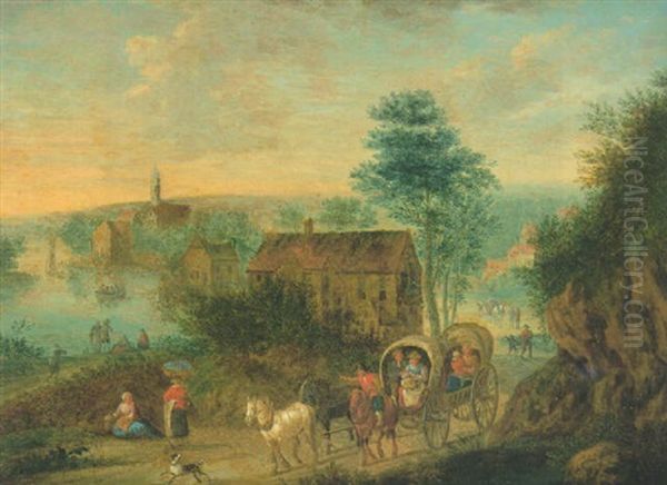 Travellers In A Cart, With A Village Beyond - view 1