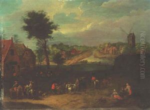 A Village On A Canal With Mounted Gentlemen, Peasants And Carts Near A Windmill by Joseph van Bredael