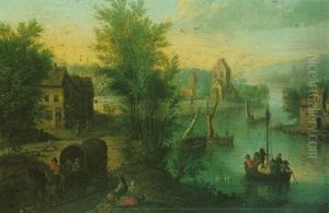 River Landscape With Travellers On A Path, Others Boating Beyond River Landscape With Travellers On A Path, Others Boating Beyond