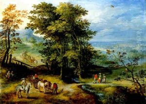 An Extensive Wooded Landscape With Travellers On A Path In The Foreground by Joseph van Bredael