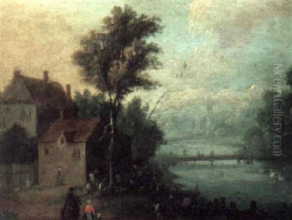 River Landscape With Travellers Beside Houses - view 1