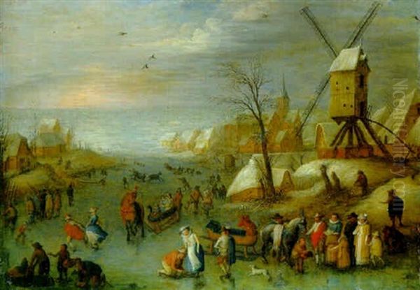 An Extensive Landscape With Villagers Skating, A Windmill Nearby - view 1