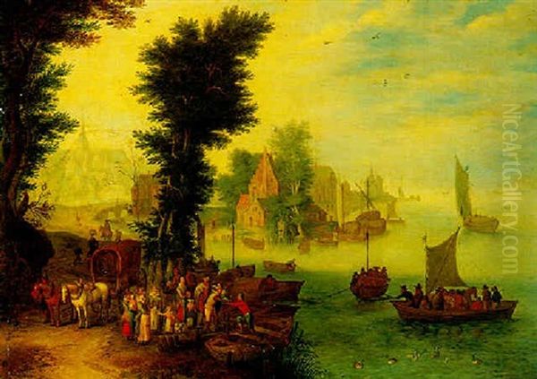 A River Landscape With Figures By A Landing Stage And A Town Beyond - view 1