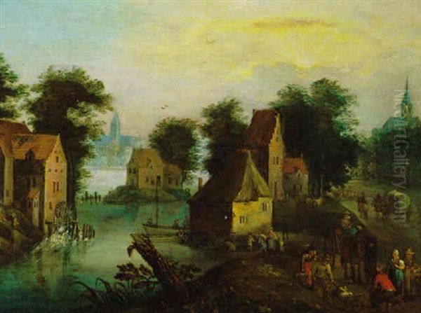 Dorf An Einem Fluss Mit Reisenden - view 1