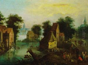 Dorf An Einem Fluss Mit Reisenden Dorf An Einem Fluss Mit Reisenden