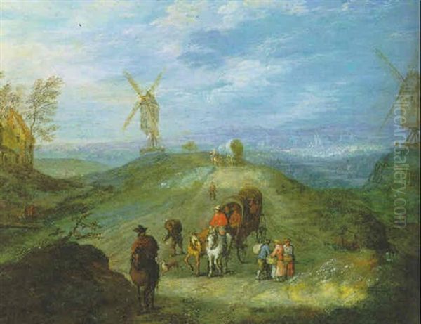 Reiter Und Reisende In Pferdewagen In Einer Weiten Flandrischen Landschaft Mit Windmuehlen - view 1