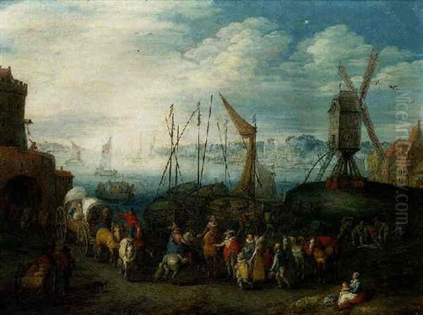 A River Estuary With Elegant Figures Conversing, Waggoners And Fisherfolk In The Foreground - view 1