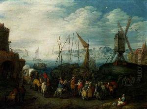 A River Estuary With Elegant Figures Conversing, Waggoners And Fisherfolk In The Foreground