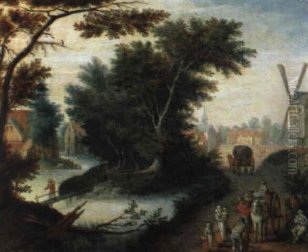 Bewaldete Fluslandschaft Mit Einem Dorf Und Reisenden - view 1